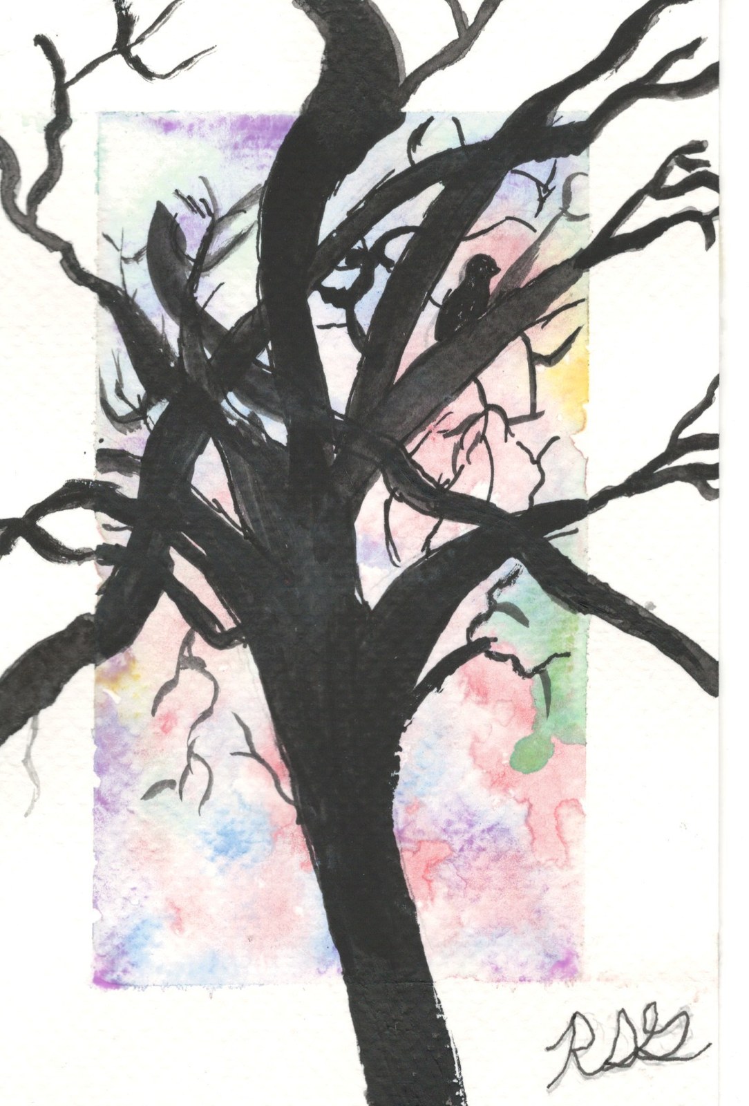 Bare tree silhouette in black ink against a soft pastel watercolor background with a small bird perched in the branches