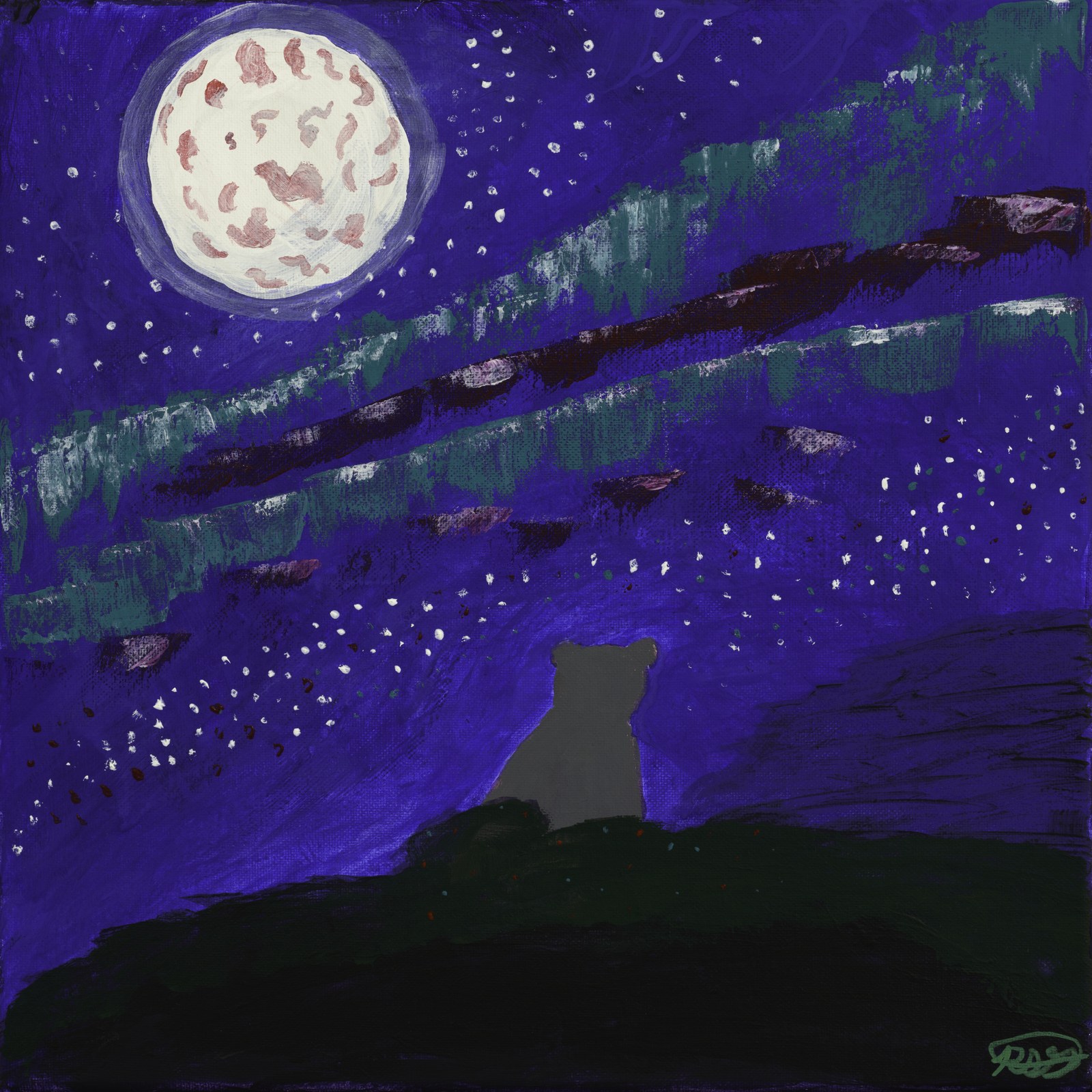 Deceit — a small figure silhouetted against a full moon, aurora sweeping overhead, acrylic on canvas