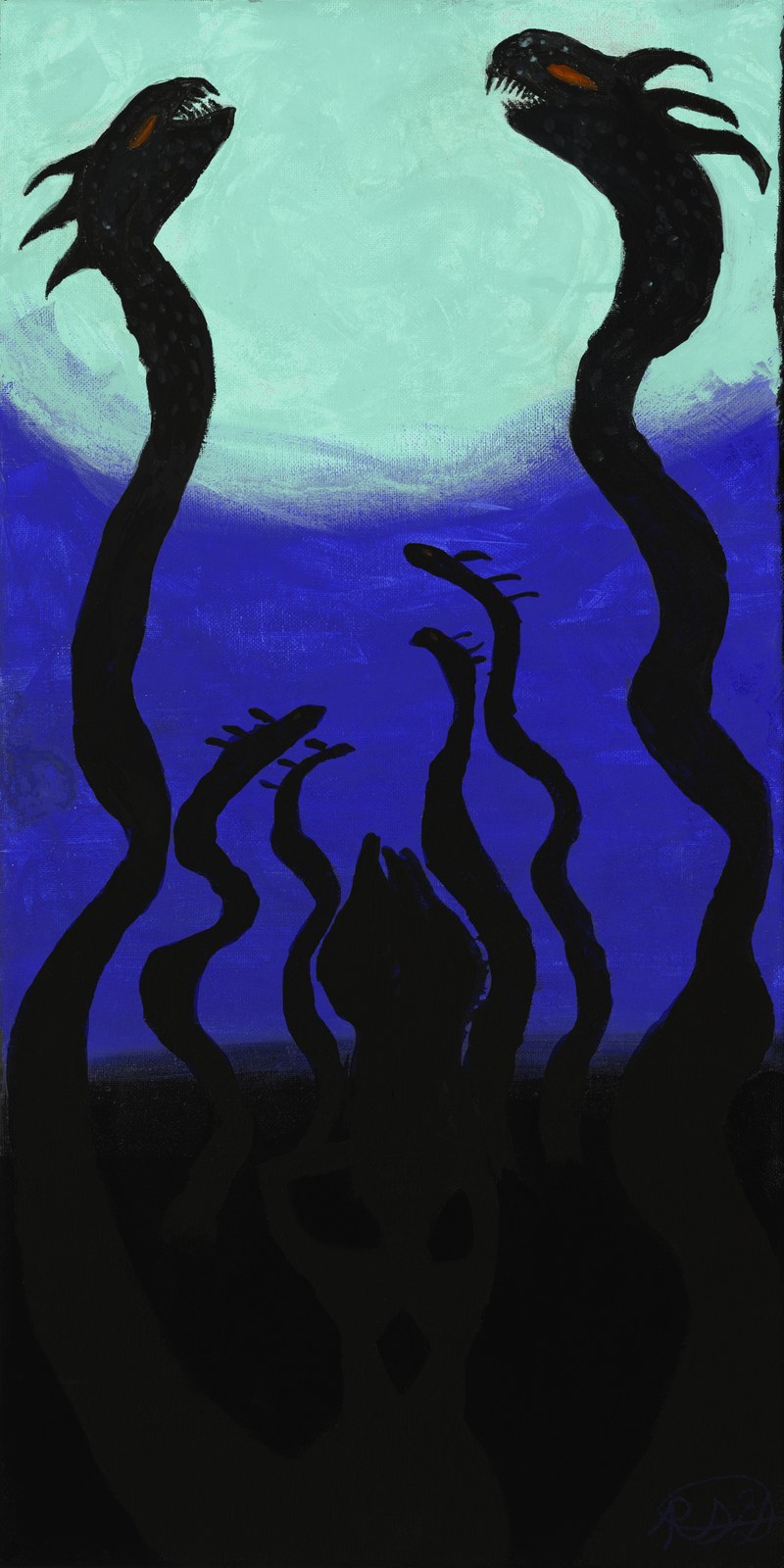 Injustice — two dark serpentine creatures with red eyes rising from the deep, acrylic on canvas
