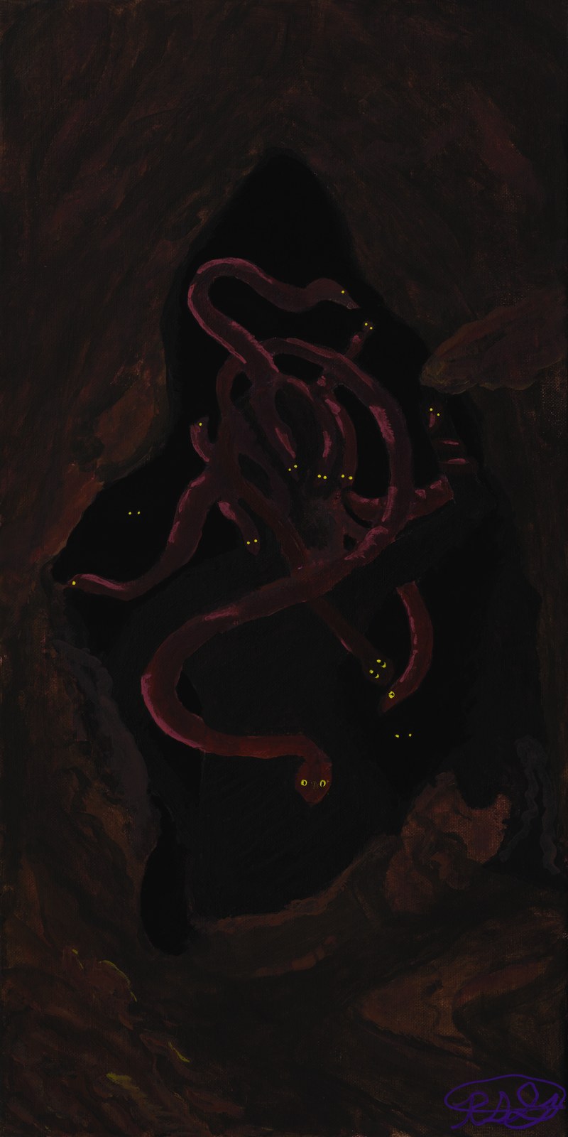 Rage — crimson serpents tangled in the dark, yellow eyes watching from the shadows, acrylic on canvas