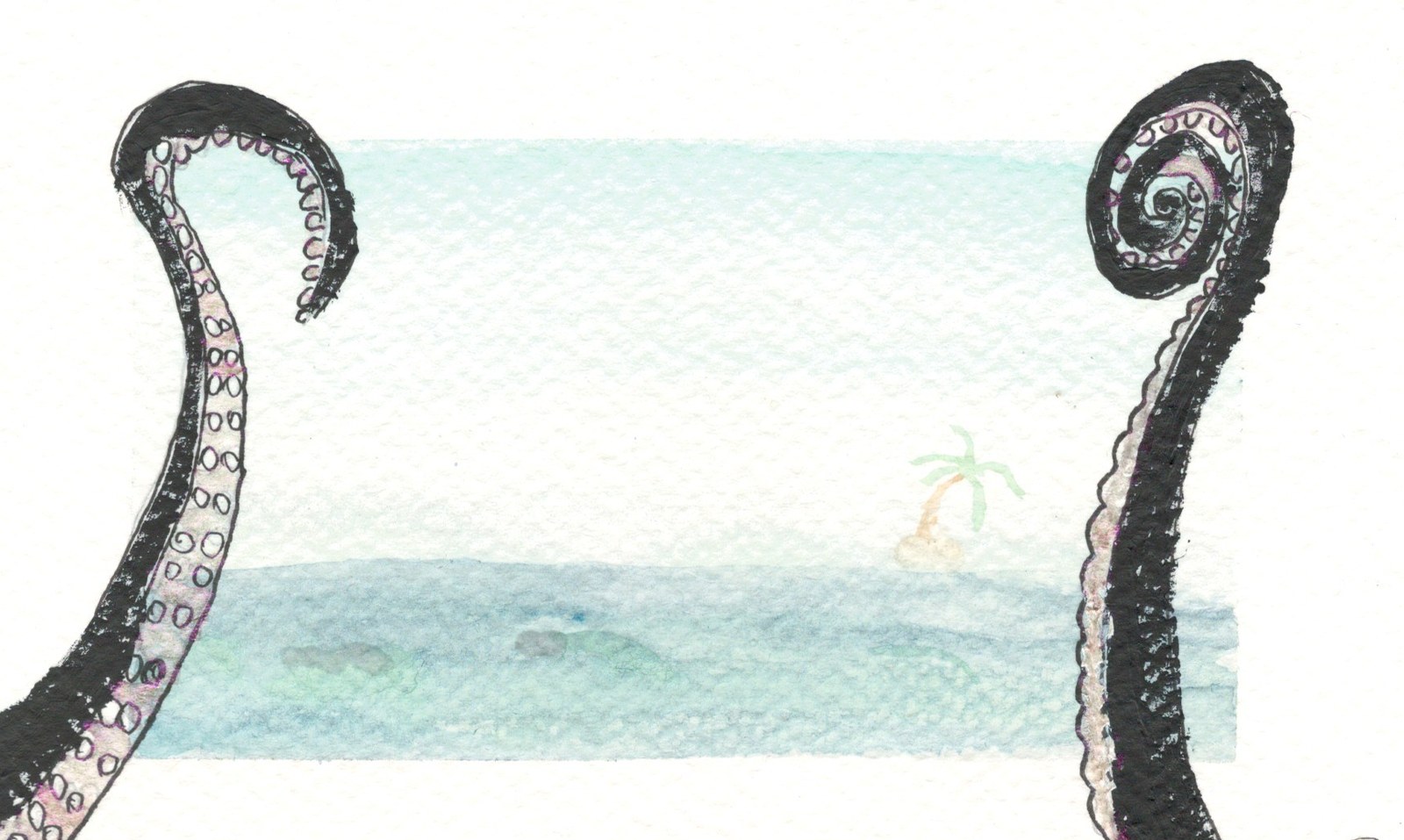 Two large octopus tentacles framing a serene watercolor seascape with a tiny island and palm tree