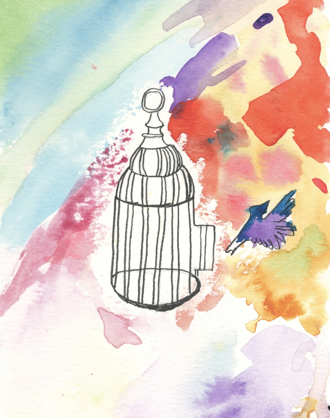 Unwritten Lullabies — an ink birdcage with an open door, a bird in flight against a burst of rainbow watercolor